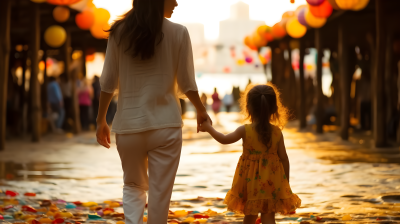夕阳下的亚洲母子走路后背摄影图