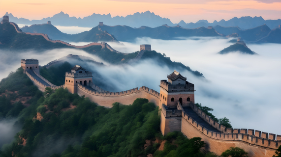晨雾下的中国长城，超现实风格摄影图