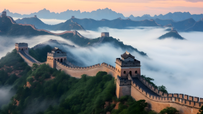 晨雾下的中国长城，超现实风格摄影图