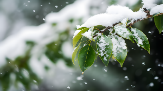 雪地绿叶植物摄影图片