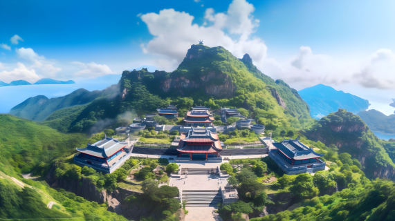 山间寺庙的鸟瞰摄影图片