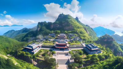 山间寺庙的鸟瞰摄影图片