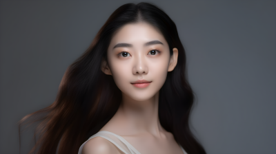 亚洲女子长发淡灰浅米摄影图片