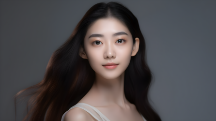 亚洲女子长发淡灰浅米摄影图片
