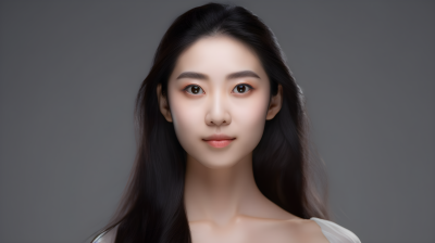 亚洲女子长发搭配灰色和米色服装的摄影图片