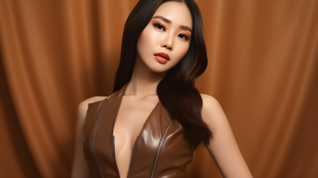 亚洲女性皮革礼服在米色上摆姿势的超现实主义摄影图