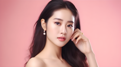 粉色背景下的美丽亚洲女性摄影图片
