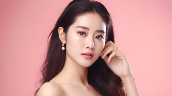 粉色背景下的美丽亚洲女性摄影图片