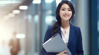 办公室中的亚洲女性持文件摄影图片