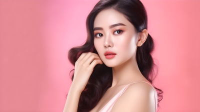粉色背景下的亚洲美女摄影图