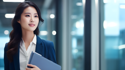 办公室中女性拿着文件夹摄影图片