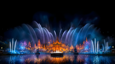 夜晚色彩斑斓的喷泉摄影图