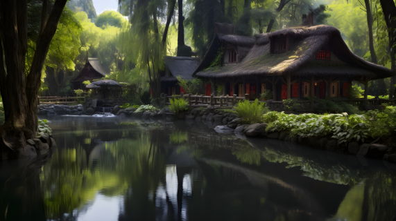 池畔小屋真实风格的花园摄影图片