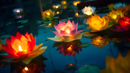 夜色河流中的逼真飘浮彩色莲花灯摄影图片
