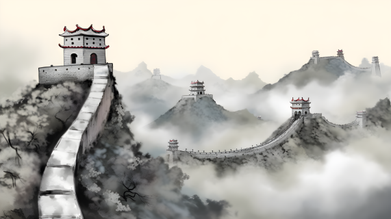 长城和华表的墨风摄影图片