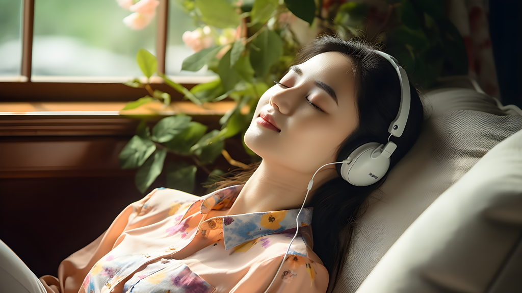 亚洲女子沙发上听音乐摄影版权图片下载
