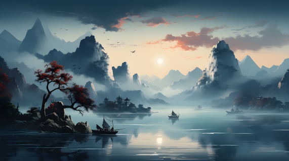 迷雾缭绕的山水画中飞舞的鸟与船摄影图