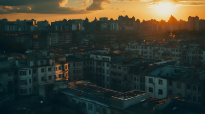 夕阳下建筑航拍摄影图片