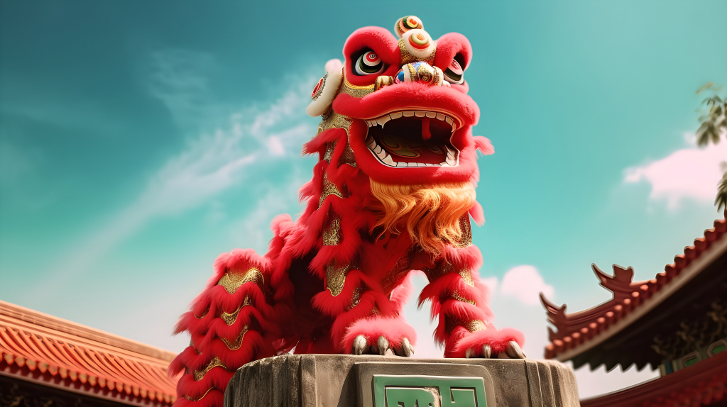 红色中国狮子楼顶摄影图版权图片下载