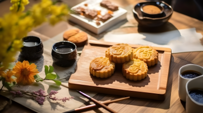 明亮简洁背景下的月饼摄影图片