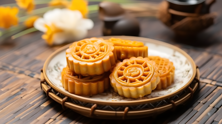 中式明亮摄影图与月饼盘摄影图