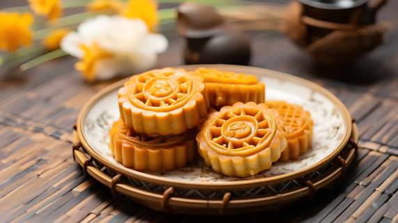 中式明亮摄影图与月饼盘摄影图
