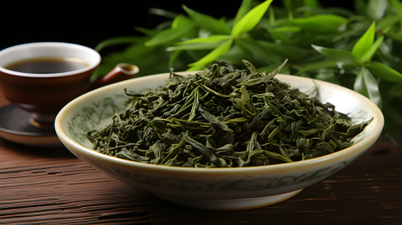 雾霭般的银绿色茶叶在白碗中——摄影图片