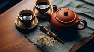 木桌上的茶具摄影图片