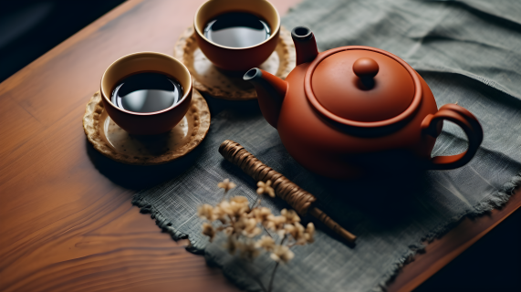 木桌上的茶具摄影图片