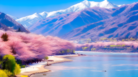 湖畔粉桃森林远山摄影图