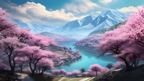 山坡上的粉色桃森林与远山摄影图片