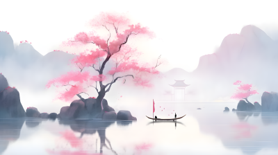 宁静湖泊淡粉桃树水墨山水画摄影图片