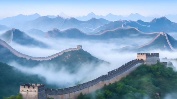 湛蓝天空下的万里长城摄影图片
