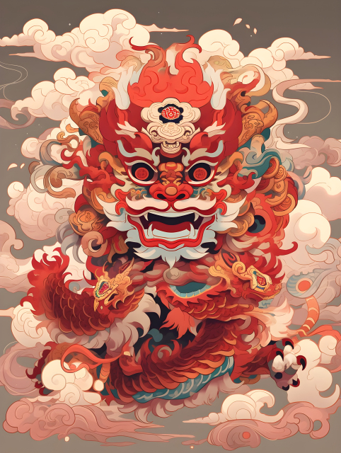 祥云笼罩的十二生肖怪兽摄影图片