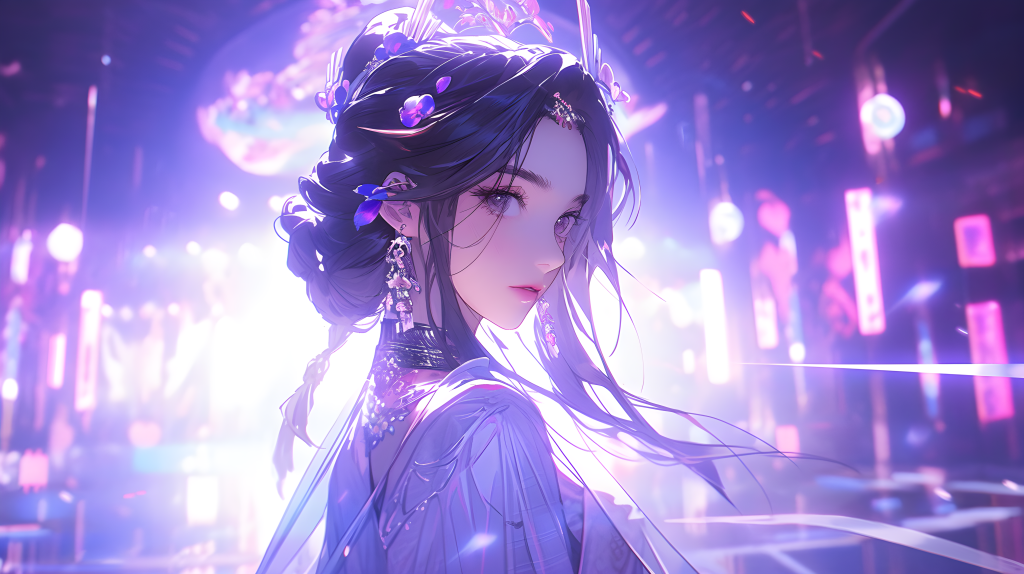 未来之光华服少女的镜头闪光摄影版权图片下载