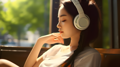亚洲女孩聆听音乐摄影图片