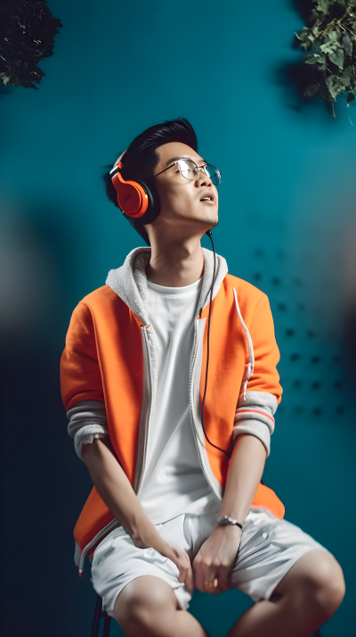 男子戴着耳机聆听音乐的摄影图片