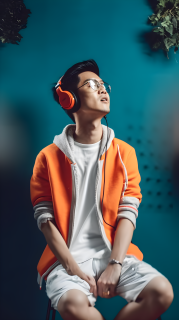 男子戴着耳机聆听音乐的摄影图片