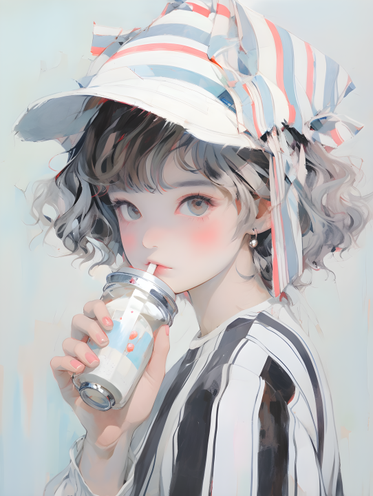 彩色朋克风格的少女喝苏打水照片版权图片下载