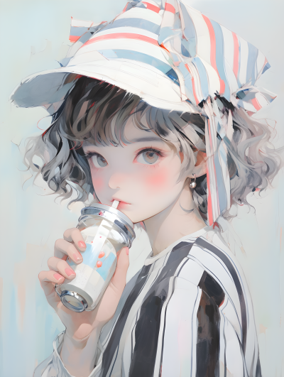 彩色朋克风格的少女喝苏打水照片
