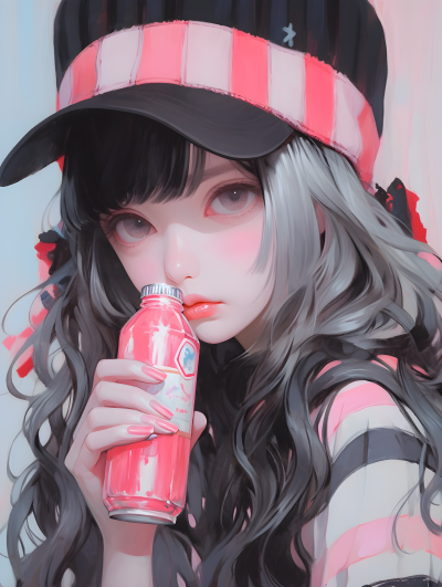 条纹帽小女孩饮用苏打水油画摄影图片