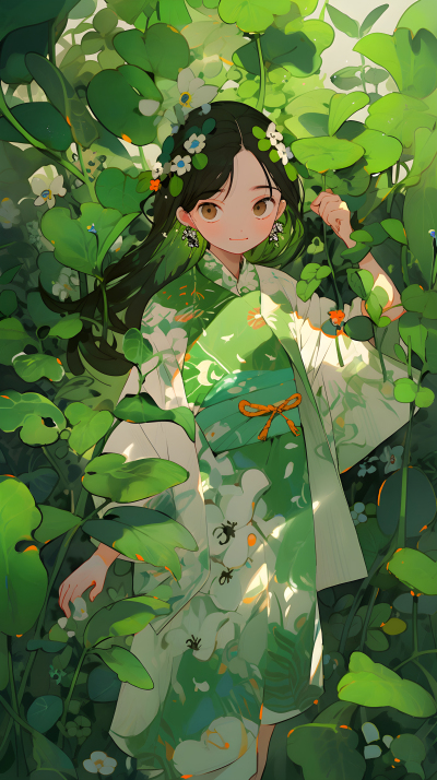 花海中的绿衣少女高清图
