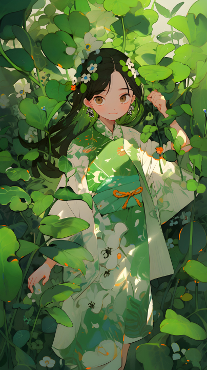 花海中的绿衣少女高清图版权图片下载