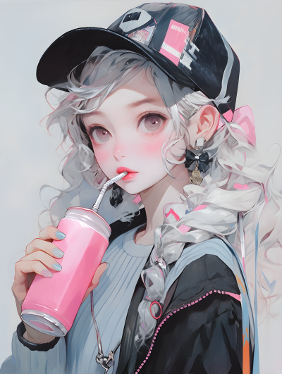 条纹帽少女喝苏打水油画摄影图