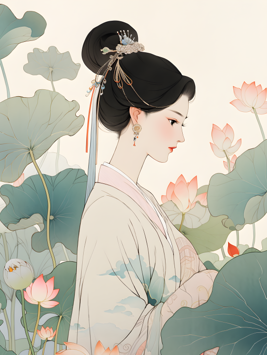 古风女子绣花画高清图版权图片下载