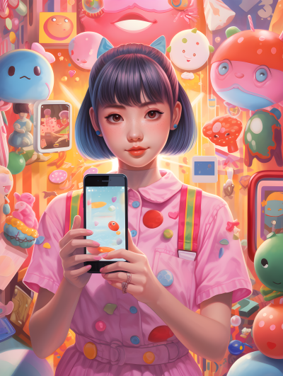五彩粉色工装少女摄影图片