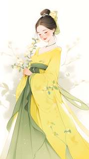 中国风黄绿国服少女摄影图片