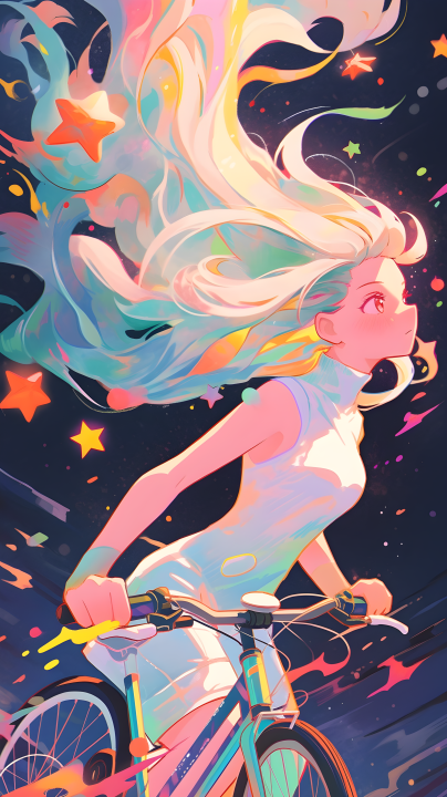 星星艺术团风格的长发女孩骑自行车摄影图版权图片下载
