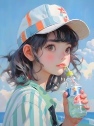 精致可爱少女喝苏打水的油画摄影图