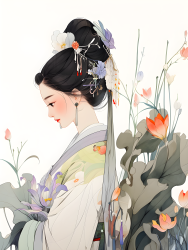 中国古代美女绣制的渐变色块画作，充满柔软、大胆和优雅，摄影图片